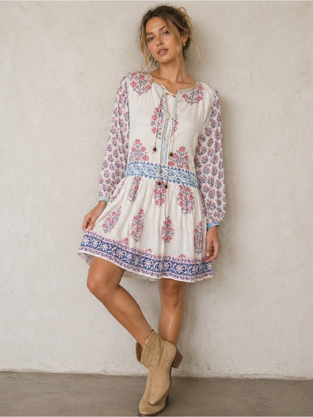 Oliphant Floral Block Print Peasant Boho Mini Tunic Dress Size Large